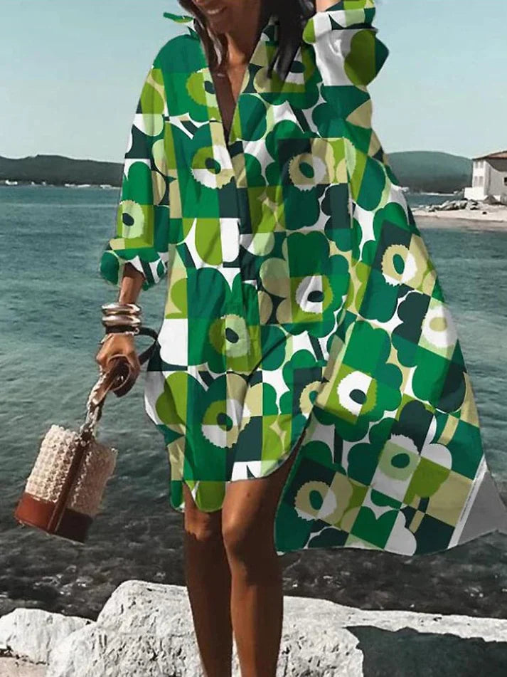 Women's Geometric Dress - Loose Fit - V-Neck - Long Sleeve Flowy Casual Wear