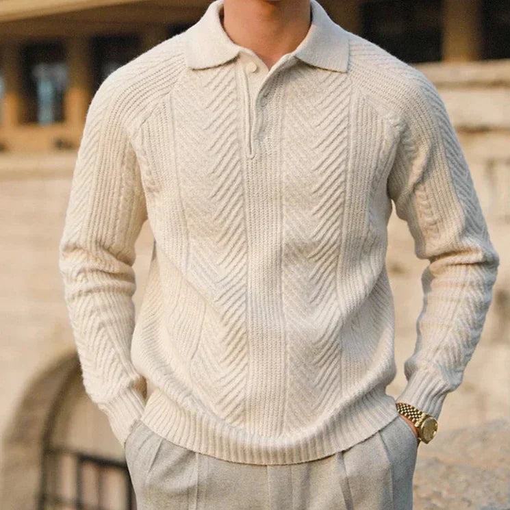 Men’s Knitted Sweater – Slim Fit – Cable Knit – Polo Collar – Long Sleeve
