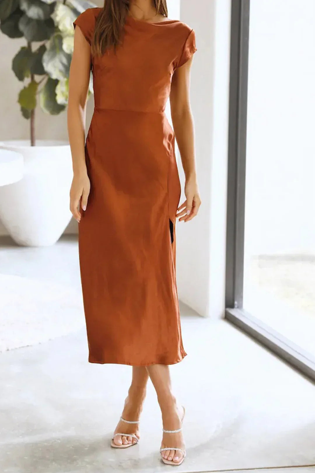 Women's Satin Slip Dress - Midi Length - Elegant Minimalist Silhouette