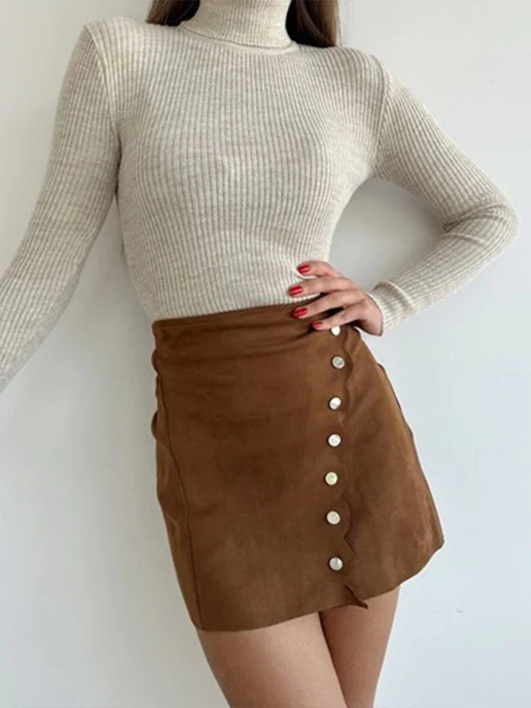 Women’s Mini Skirt - High Waist - Asymmetric Button Detail - Soft Structured Fabric