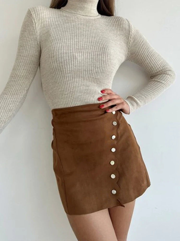Women’s Mini Skirt - High Waist - Asymmetric Button Detail - Soft Structured Fabric