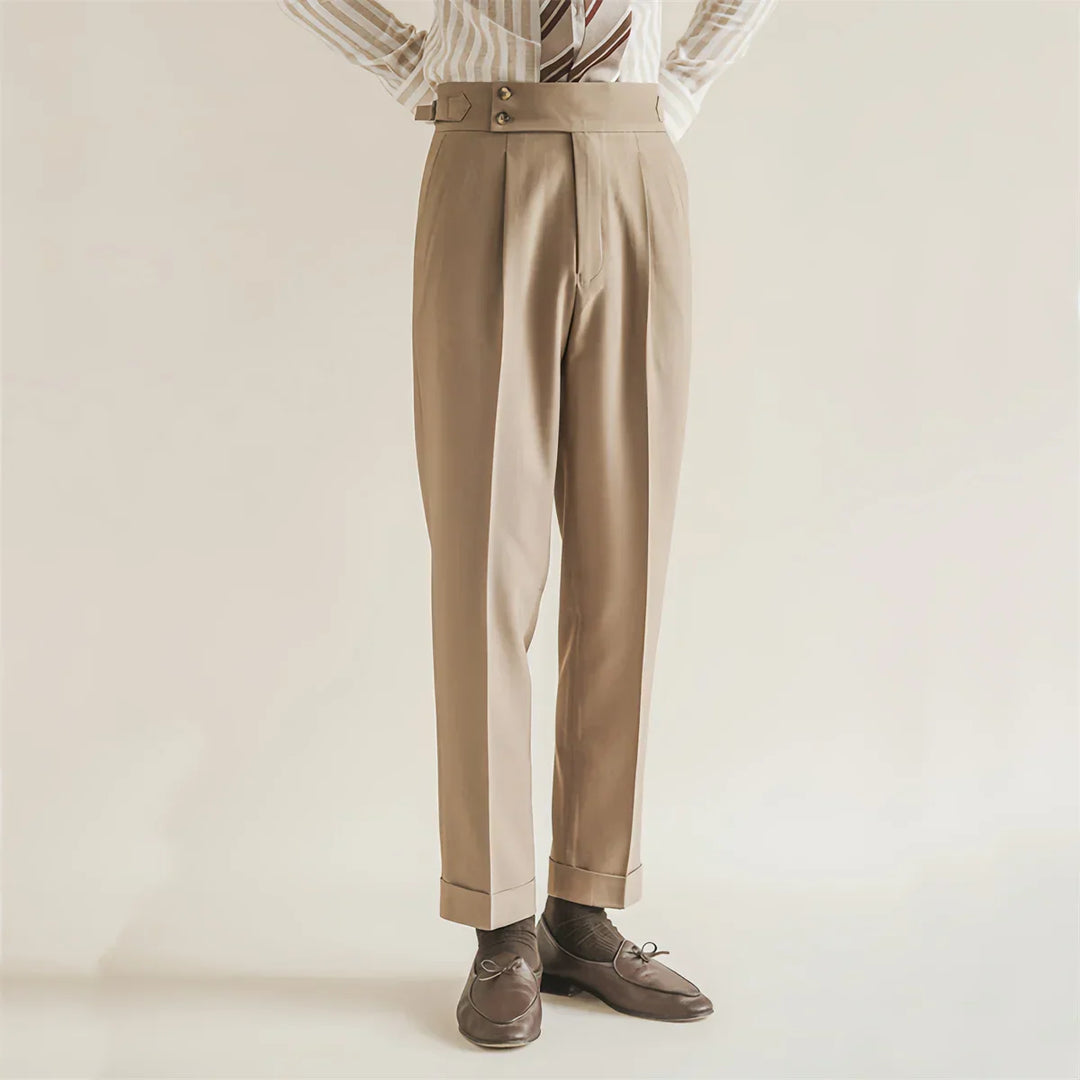 Men’s Tailored Trousers – Formal Fit – High-Rise Waist – Pleated Front – Cuffed Hem