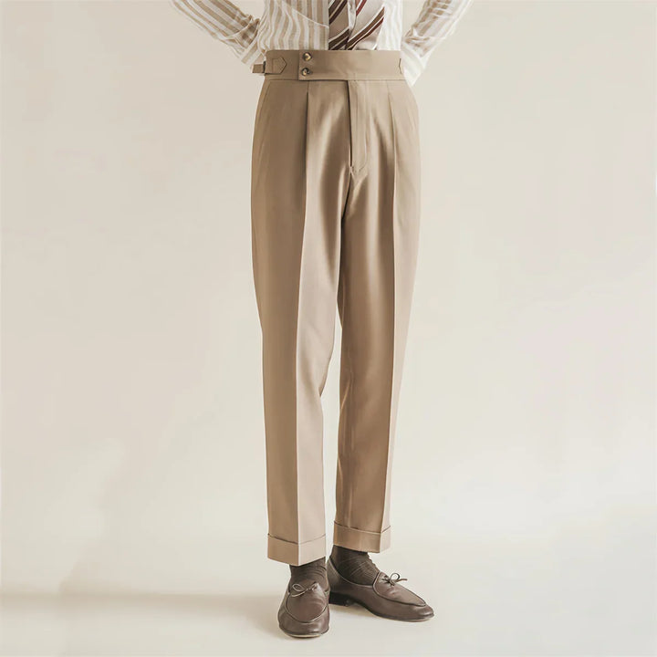 Men’s Tailored Trousers – Formal Fit – High-Rise Waist – Pleated Front – Cuffed Hem