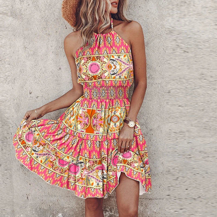 Women’s Mini Dress – Halter Neck – Smocked Waist – Relaxed Fit – Bohemian Print