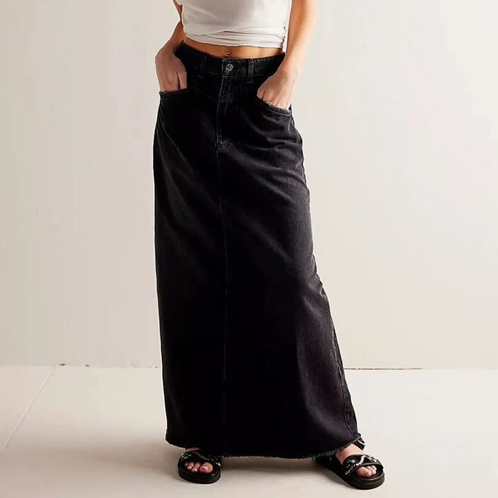 Women’s Denim Skirt – High Waist – Full Length – Straight Fit – Raw Hem – 5-Pocket Style