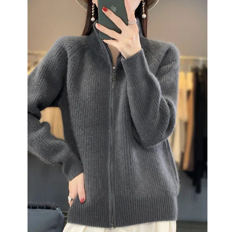Women’s Cardigan – Relaxed Fit – Zip Front – Hip Length Casual Layer