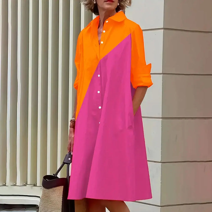 Women's A-Line Shirt Dress - Button Down - Long Sleeve - Classic Collar - Knee Length