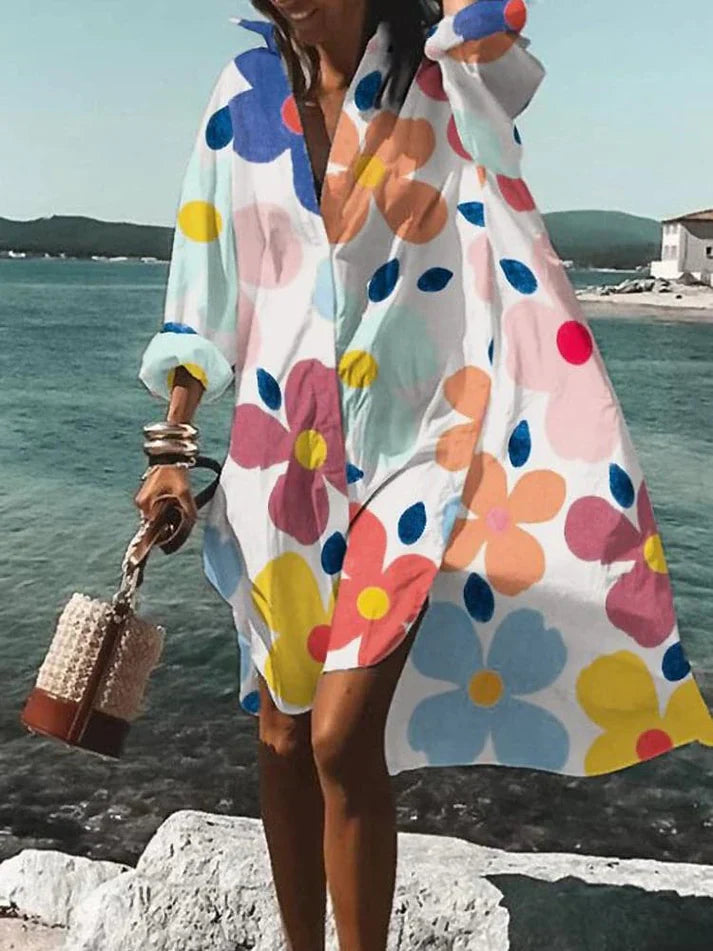 Women's Geometric Dress - Loose Fit - V-Neck - Long Sleeve Flowy Casual Wear