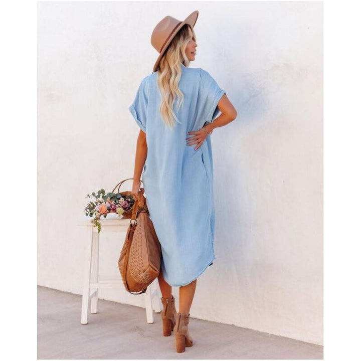 Women's Denim Shirtdress - Button Down - Rolled Short Sleeves - Relaxed Fit