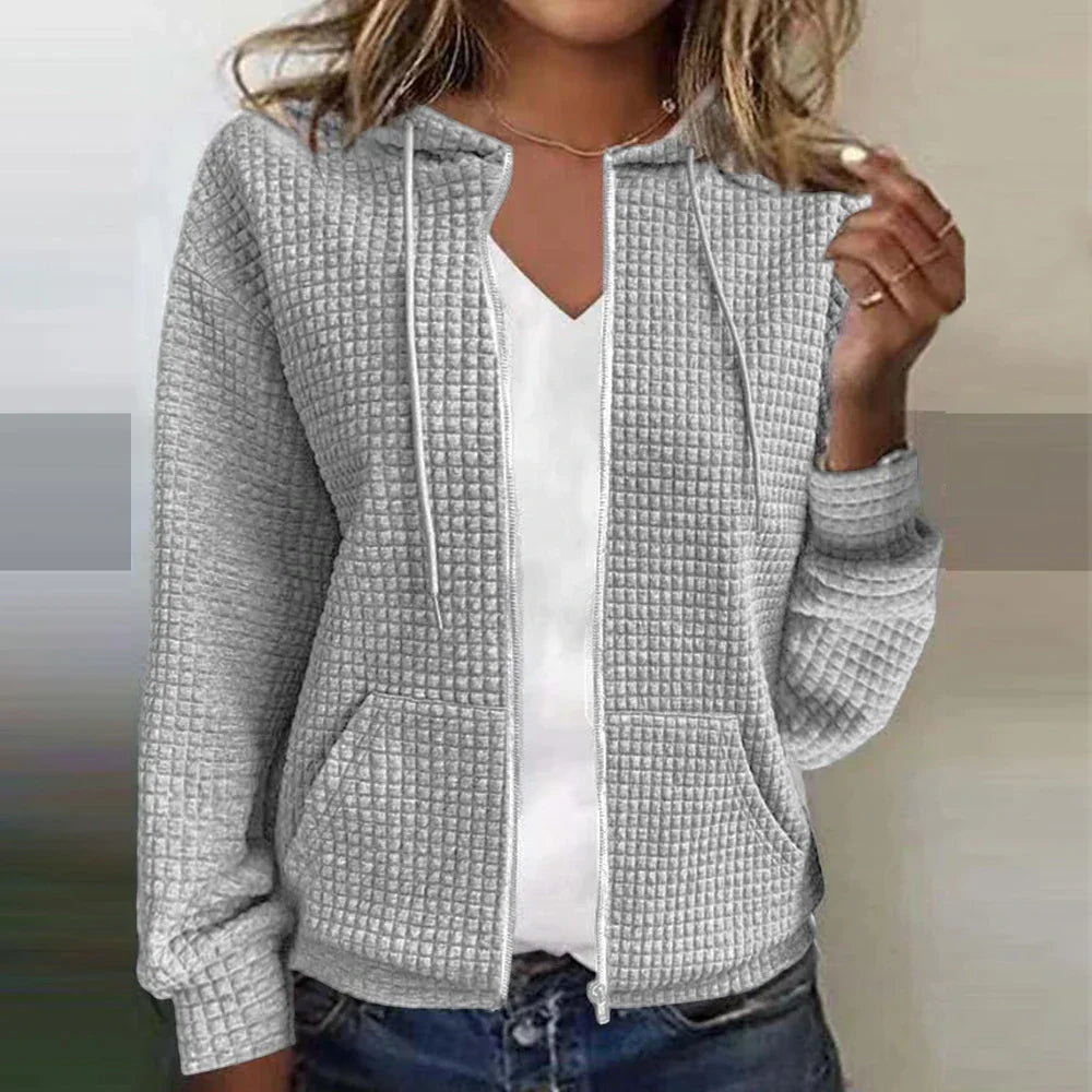 Women’s Hooded Jacket – Soft Quilted Texture – Regular Fit – Zip Front Casual Style