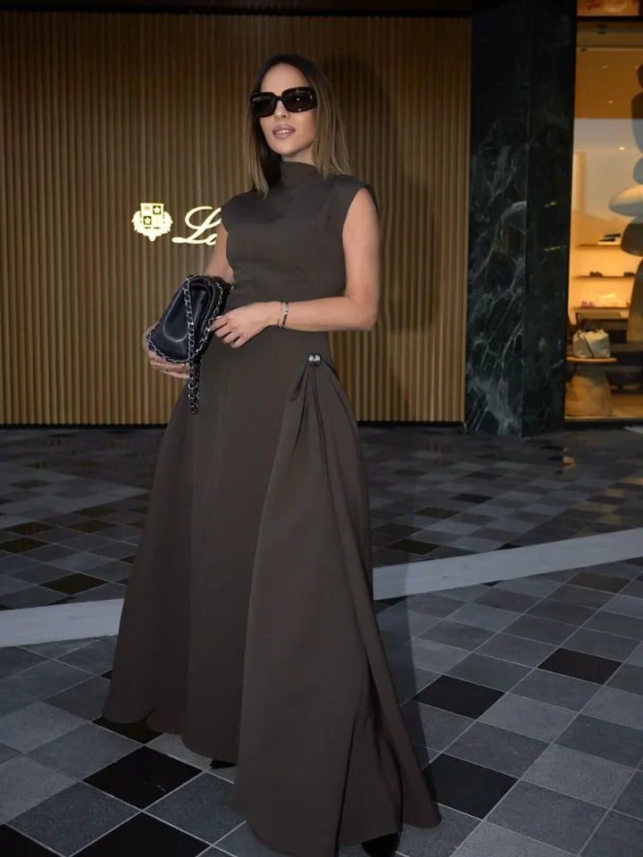 Women's Evening Gown - High Neckline - Cap Sleeves - Floor-Length Elegant Dress