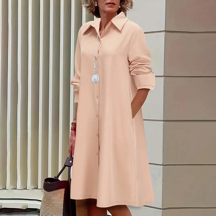 Women's A-Line Shirt Dress - Button Down - Long Sleeve - Classic Collar - Knee Length