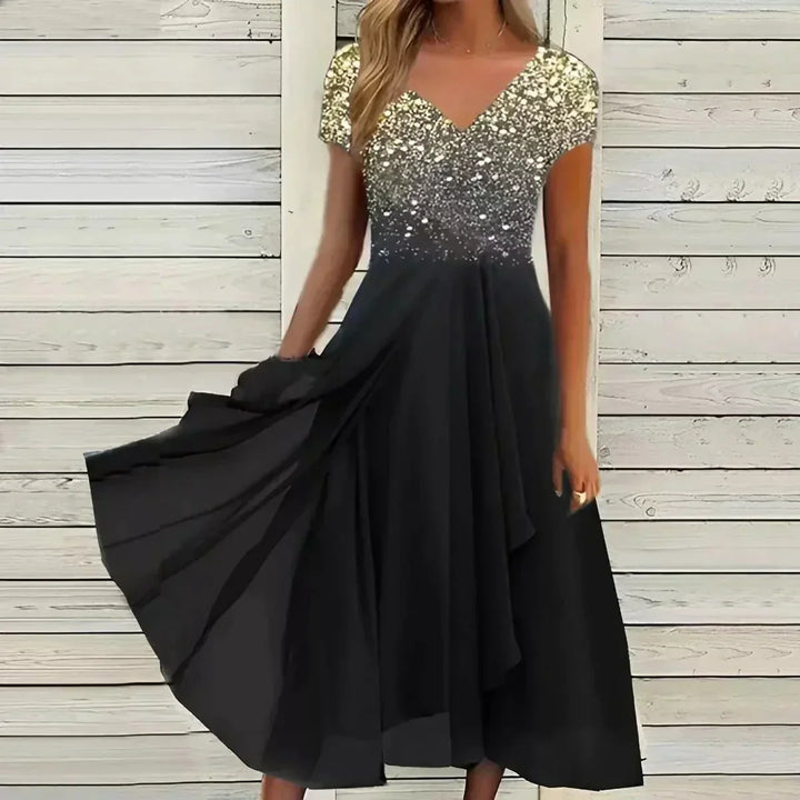 Women's Elegant Dress - V-Neck Floral Bodice - Short Sleeve A-Line Flowing Fit