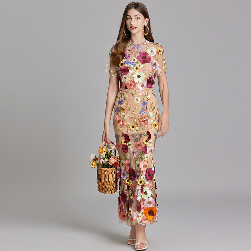Women’s Maxi Dress – Fitted Silhouette – Embroidered Mesh – Sheer High Neckline