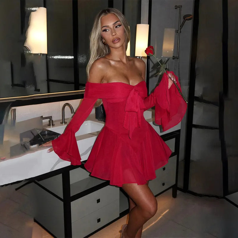 Women's Off-Shoulder Mini Dress - Sweetheart Neckline - Bow Detail - Long Bell Sleeves