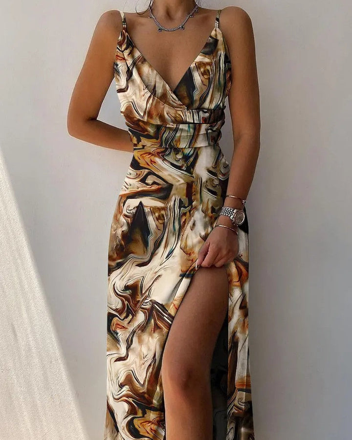 Women's Spaghetti Strap Dress - V-Neck Fitted Waist - High Slit Elegant Evening Wear