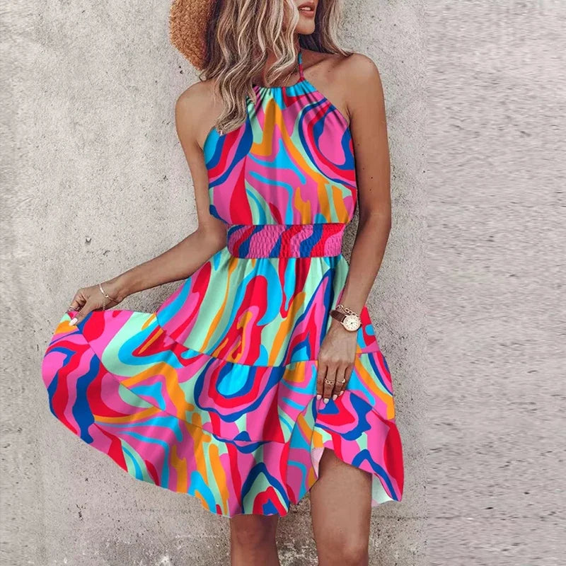 Women’s Mini Dress – Halter Neck – Smocked Waist – Relaxed Fit – Bohemian Print