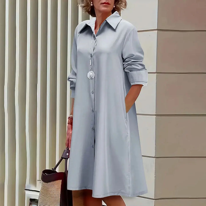 Women's A-Line Shirt Dress - Button Down - Long Sleeve - Classic Collar - Knee Length