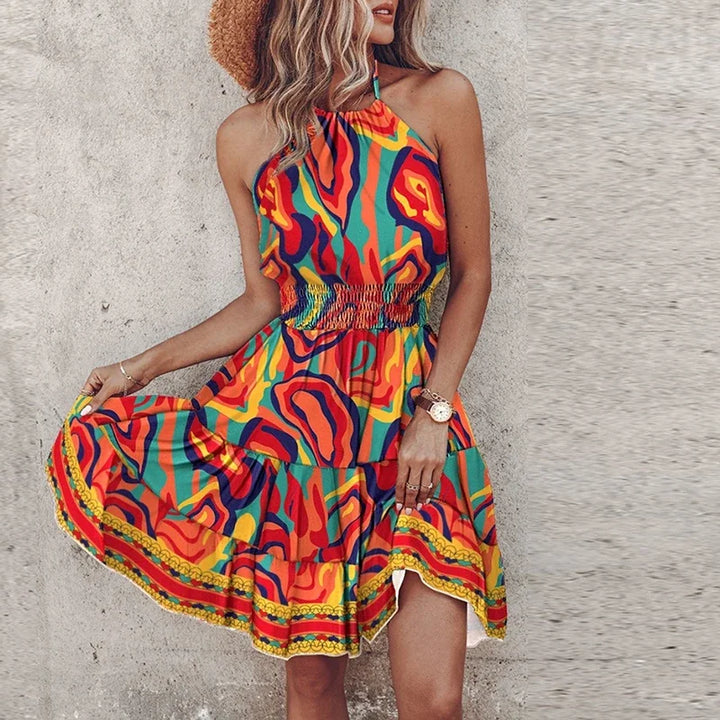 Women’s Mini Dress – Halter Neck – Smocked Waist – Relaxed Fit – Bohemian Print