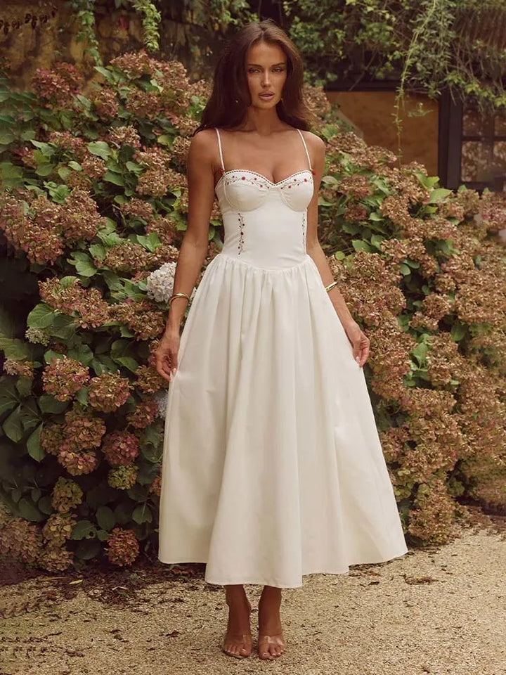 Women's Midi Dress - Spaghetti Strap - Fitted Bodice - Flared A-Line Silhouette