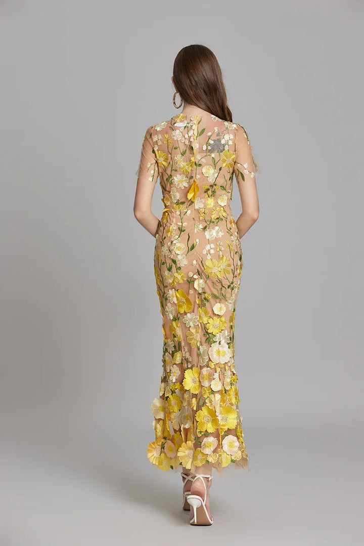 Women’s Maxi Dress – Fitted Silhouette – Embroidered Mesh – Sheer High Neckline
