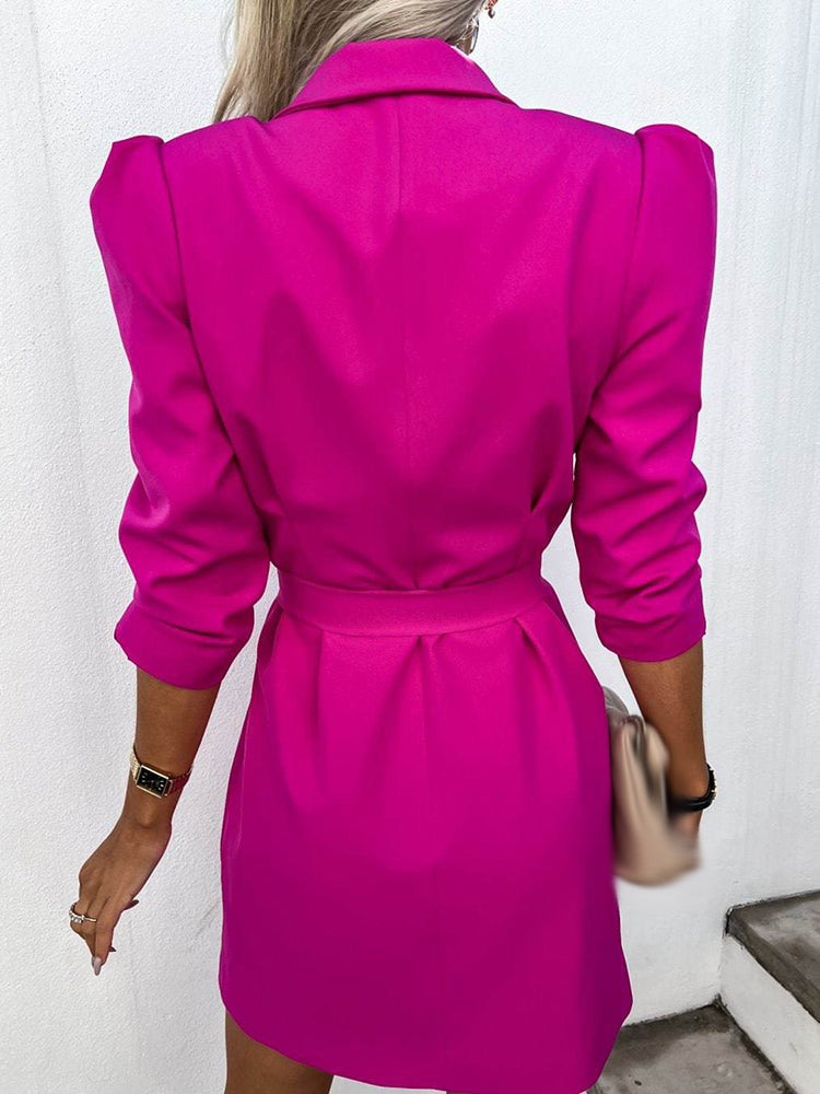 Women’s Blazer Dress – Tailored Fit – Double-Breasted – Belted Waist – Puffed Shoulders