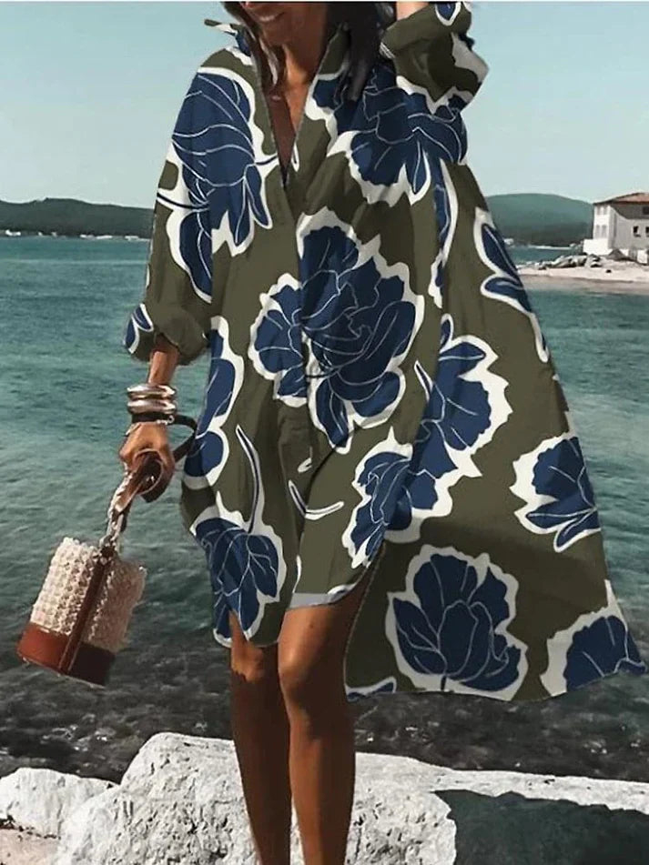 Women's Geometric Dress - Loose Fit - V-Neck - Long Sleeve Flowy Casual Wear