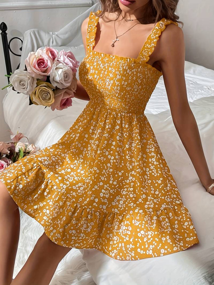 Women's Sundress - Smocked Bodice - A-Line Silhouette - Wide Straps - Floral Print
