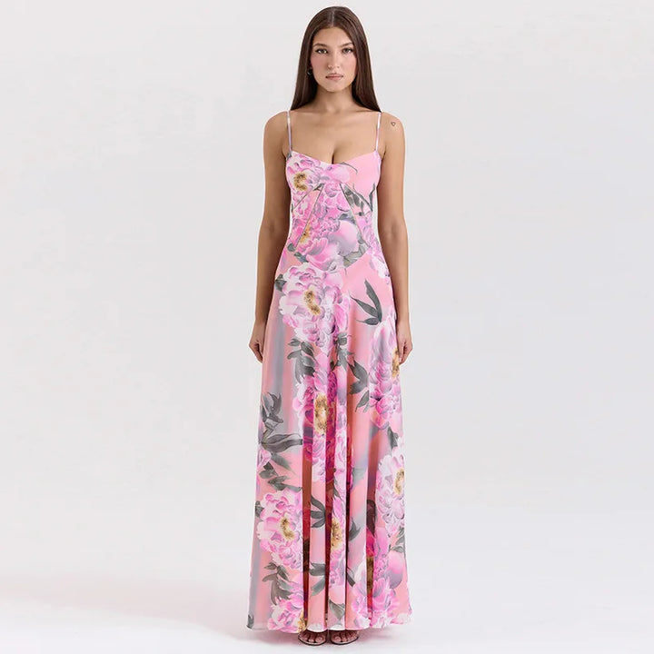 Women's Maxi Dress - Floral Print - Spaghetti Strap - Elegant Flowing Fit
