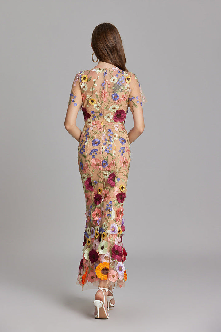 Women’s Maxi Dress – Fitted Silhouette – Embroidered Mesh – Sheer High Neckline