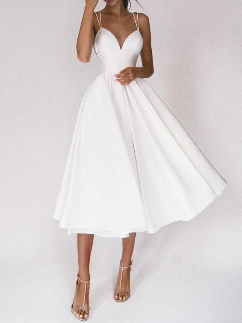 Women's Evening Gown - Sweetheart Neckline - Spaghetti Straps - A-Line Midi Dress