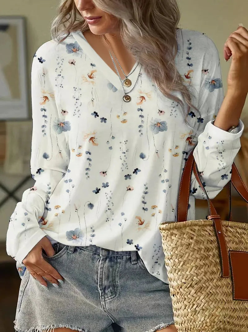 Women’s Blouse – Relaxed Fit – V-Neck – Long Sleeve – Floral Pattern – Breathable Blend
