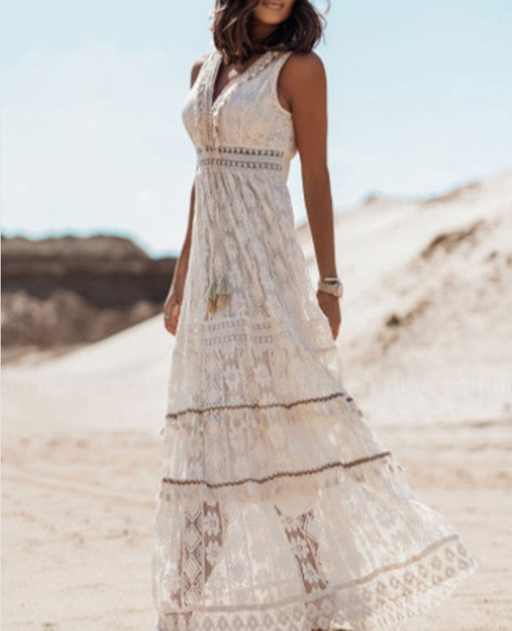 Women’s Maxi Dress - Lace Crochet - V-Neck Sleeveless - Fitted Waist High Slit Skirt