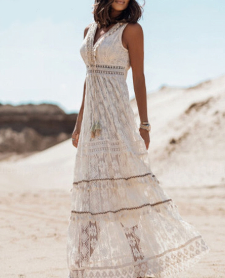 Women’s Maxi Dress - Lace Crochet - V-Neck Sleeveless - Fitted Waist High Slit Skirt