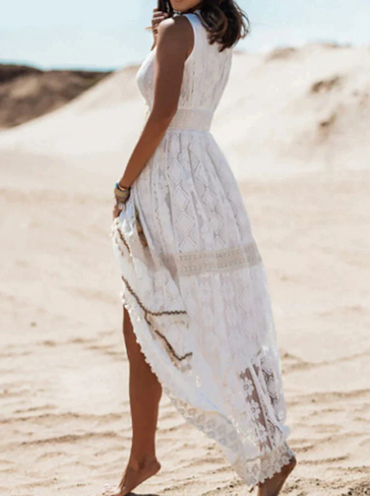 Women’s Maxi Dress - Lace Crochet - V-Neck Sleeveless - Fitted Waist High Slit Skirt