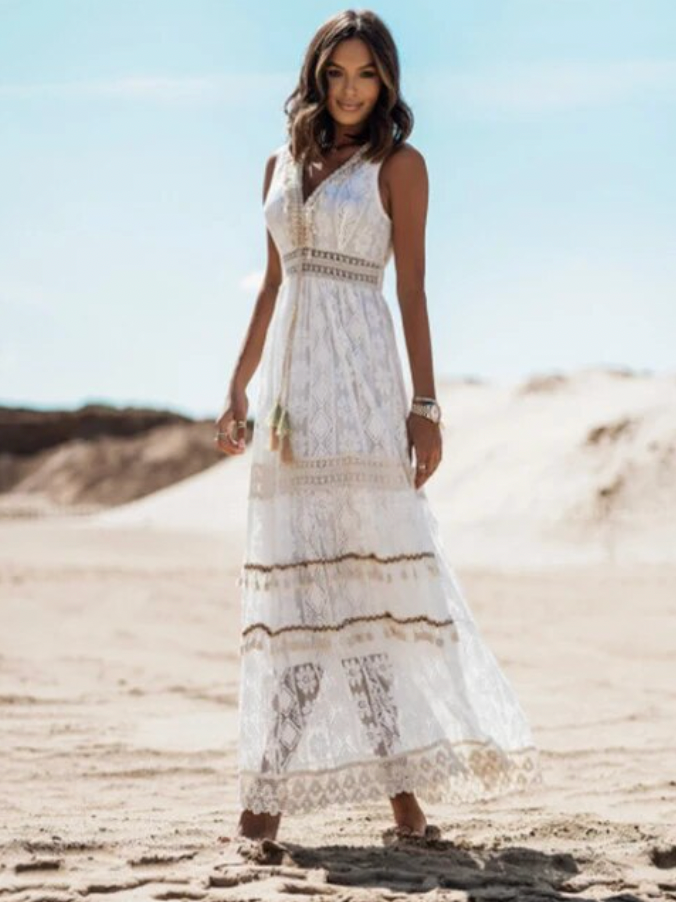 Women's Maxi Dress - Sleeveless Lace Embroidered - V-Neck A-Line Elegant Formal Wear