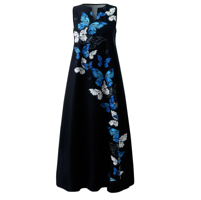 Women's Sleeveless Maxi Dress - Flowing A-Line Fit - V-Neck with Butterfly Print - Pockets