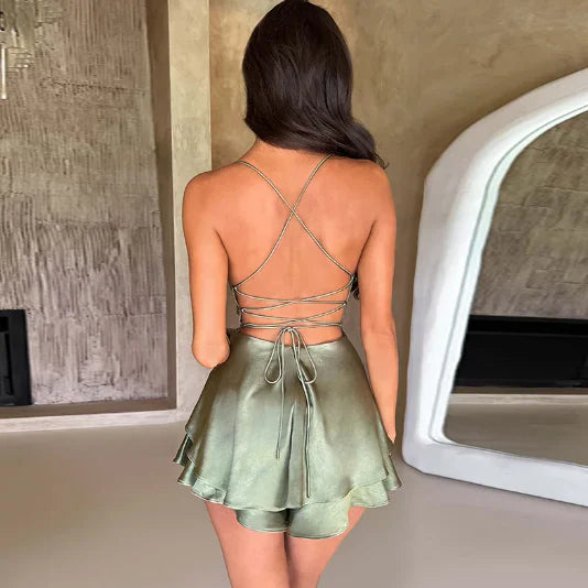 Women's Satin Mini Dress - Cowl Neck - Thin Straps - Layered Asymmetrical Hem