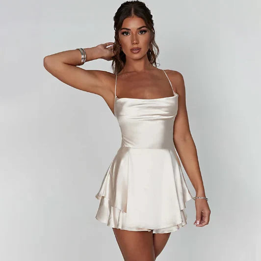 Women's Satin Mini Dress - Cowl Neck - Thin Straps - Layered Asymmetrical Hem