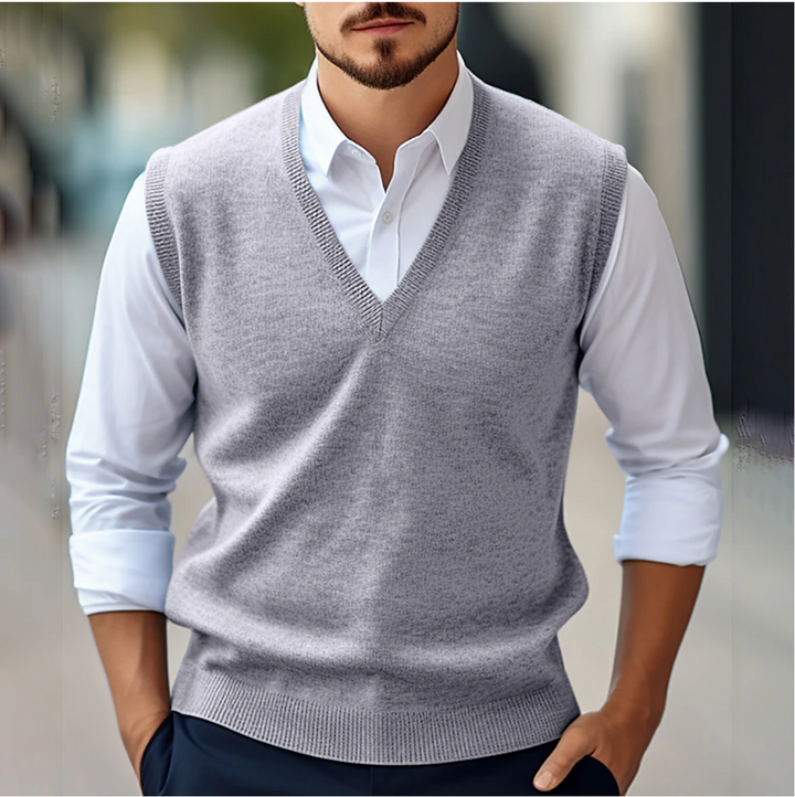 Men’s Sleeveless V-Neck Sweater – Fine Knit – Classic Fit – Ribbed Trim – Lightweight Layer