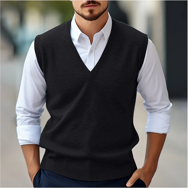Men’s Sleeveless V-Neck Sweater – Fine Knit – Classic Fit – Ribbed Trim – Lightweight Layer