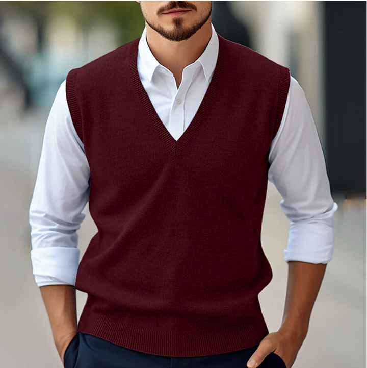 Men’s Sleeveless V-Neck Sweater – Fine Knit – Classic Fit – Ribbed Trim – Lightweight Layer