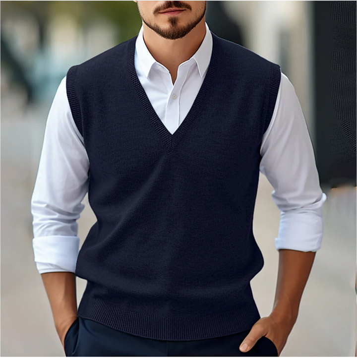 Men’s Sleeveless V-Neck Sweater – Fine Knit – Classic Fit – Ribbed Trim – Lightweight Layer