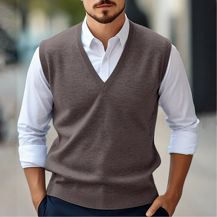 Men’s Sleeveless V-Neck Sweater – Fine Knit – Classic Fit – Ribbed Trim – Lightweight Layer
