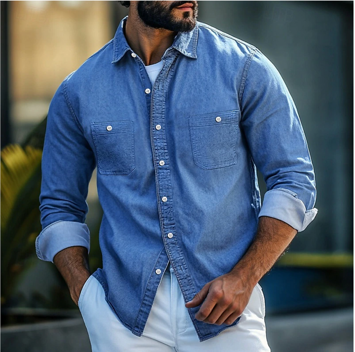 Men’s Denim Shirt - 100% Cotton - Regular Fit - Long Sleeve Casual Button-Up