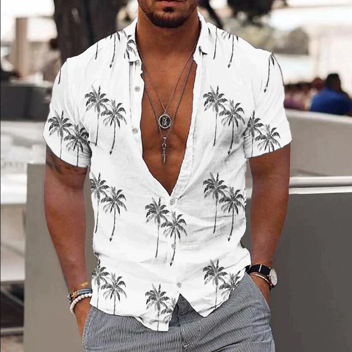 Men’s Short-Sleeve Button-Up Shirt - Relaxed Fit - Tropical Palm Tree Print