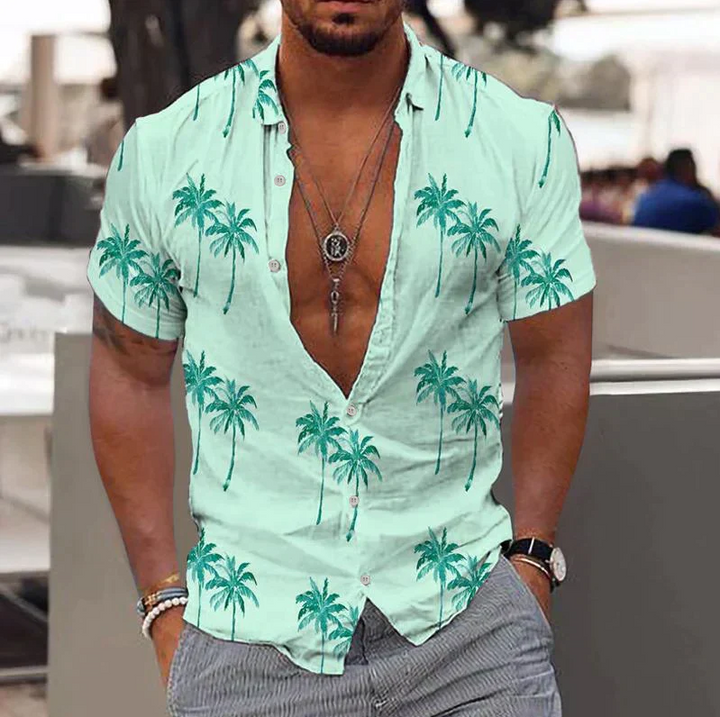 Men’s Short-Sleeve Button-Up Shirt - Relaxed Fit - Tropical Palm Tree Print