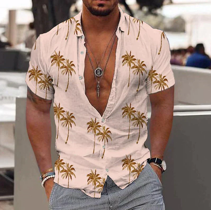 Men’s Short-Sleeve Button-Up Shirt - Relaxed Fit - Tropical Palm Tree Print