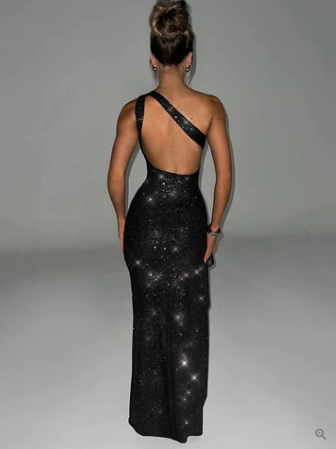 Women’s One-Shoulder Evening Gown – Sparkly Finish – Form-Fitting – High Slit Elegant Dress