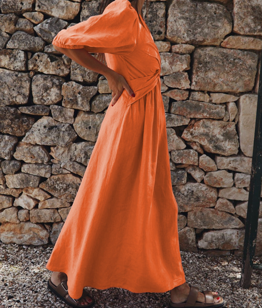 Women's Maxi Dress - V-Neck Twist Knot - Short Puff Sleeves - Elegant Flowing Fit